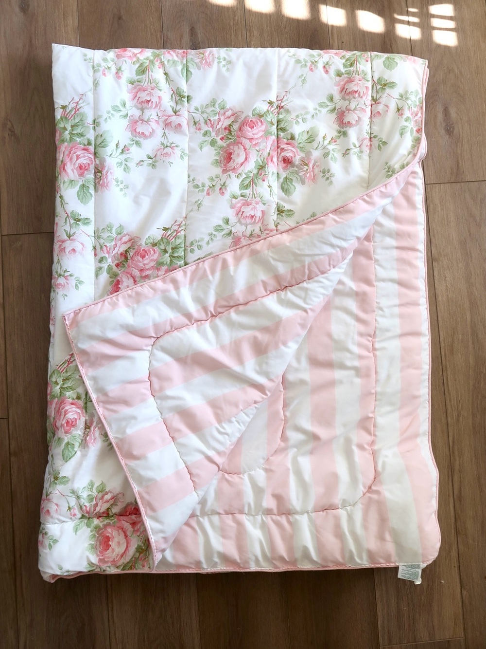 Vintage Laura Ashley Twin Comforter Pink Rose Floral Reversible Striped Cottage